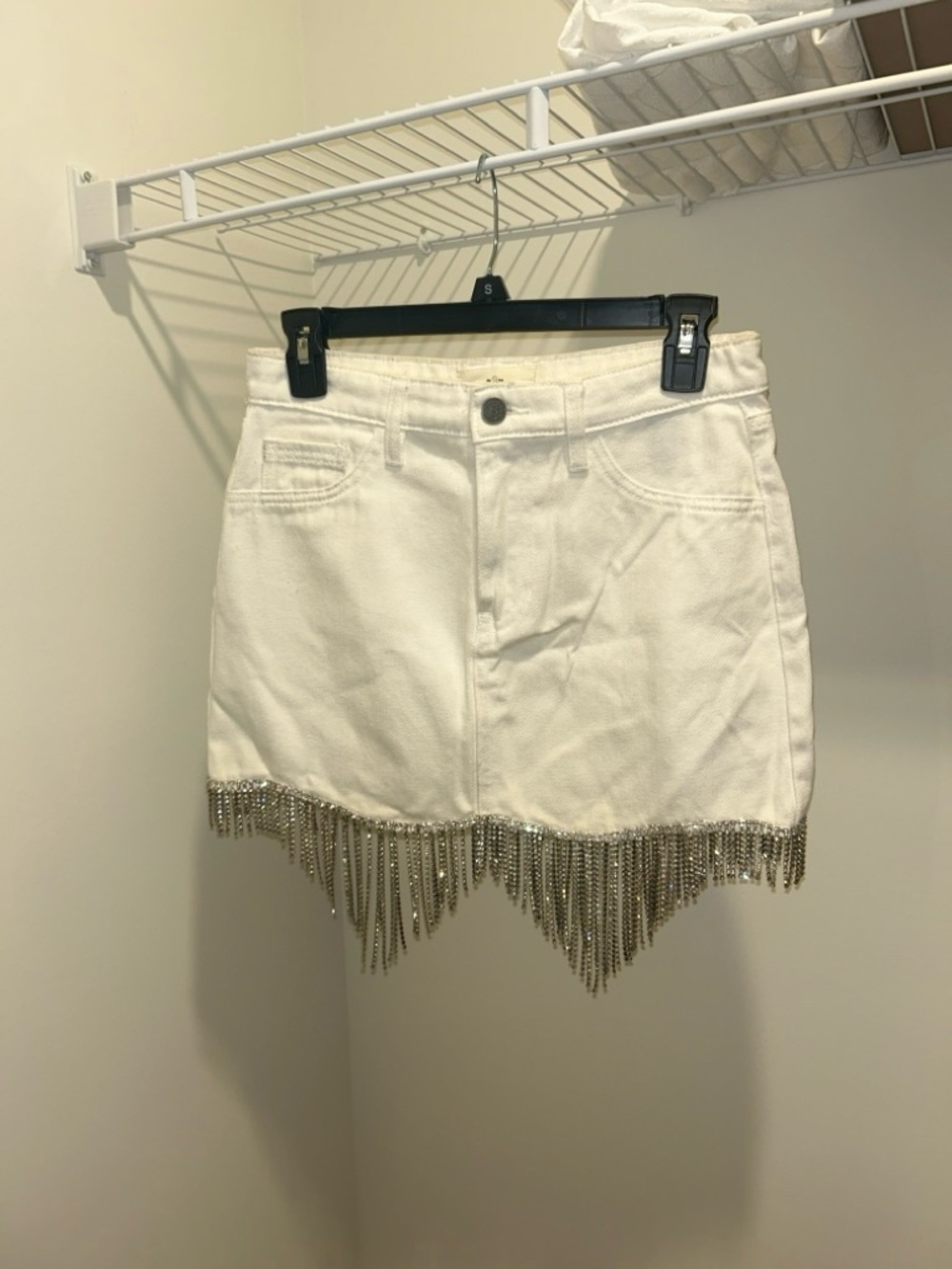 White Denim Mini Skirt with Silver Fringe Hem